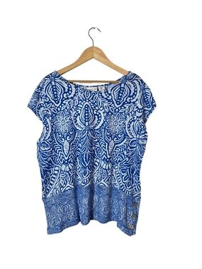 Rachel Zoe 100% Linen Top L Blue Tropical Vacation Resortwear Cruise Breathable